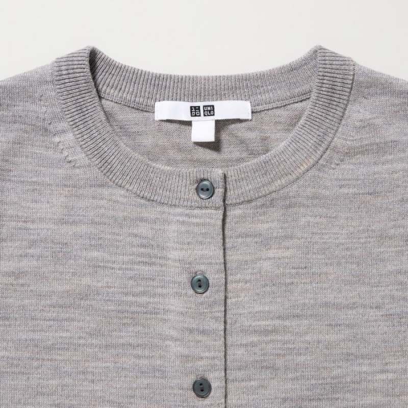 Grey Uniqlo Extra Fine Merino Crew Neck Women Cardigan | 5624301