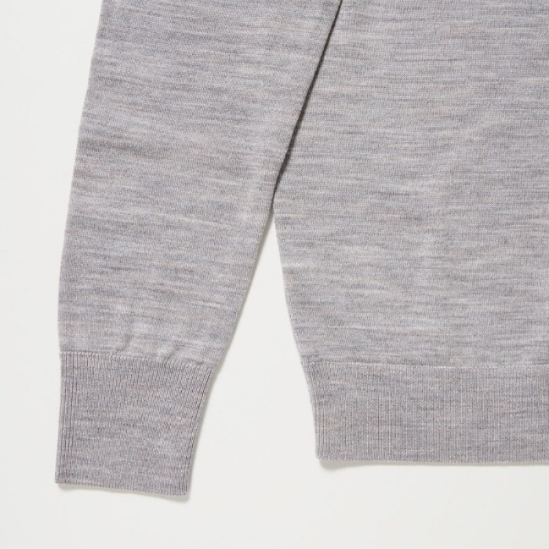 Grey Uniqlo Extra Fine Merino Crew Neck Women Cardigan | 5624301
