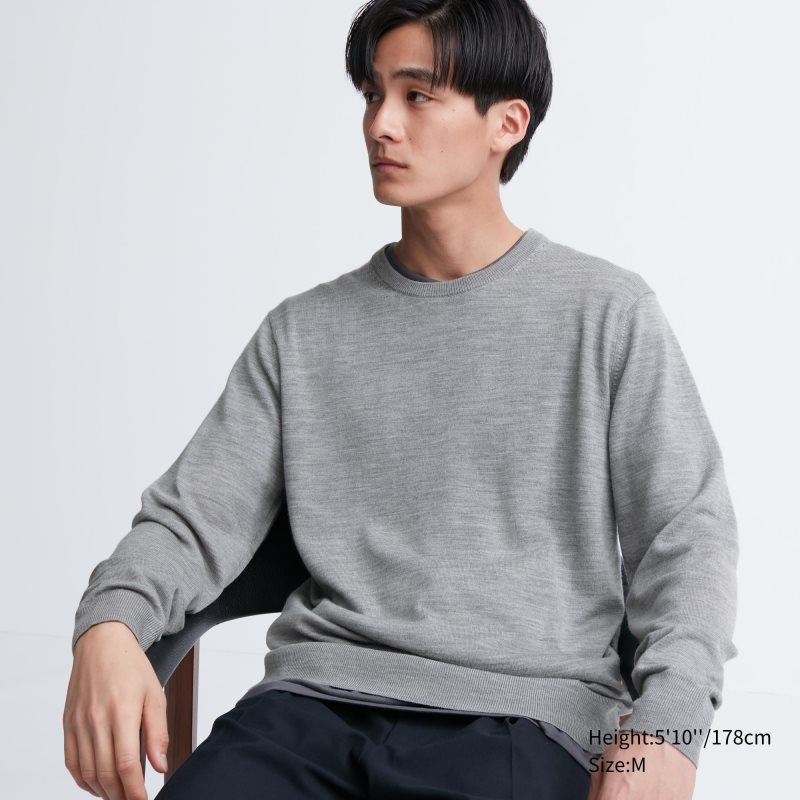 Grey Uniqlo Extra Fine Merino Crew Neck Men Sweaters | 6601740