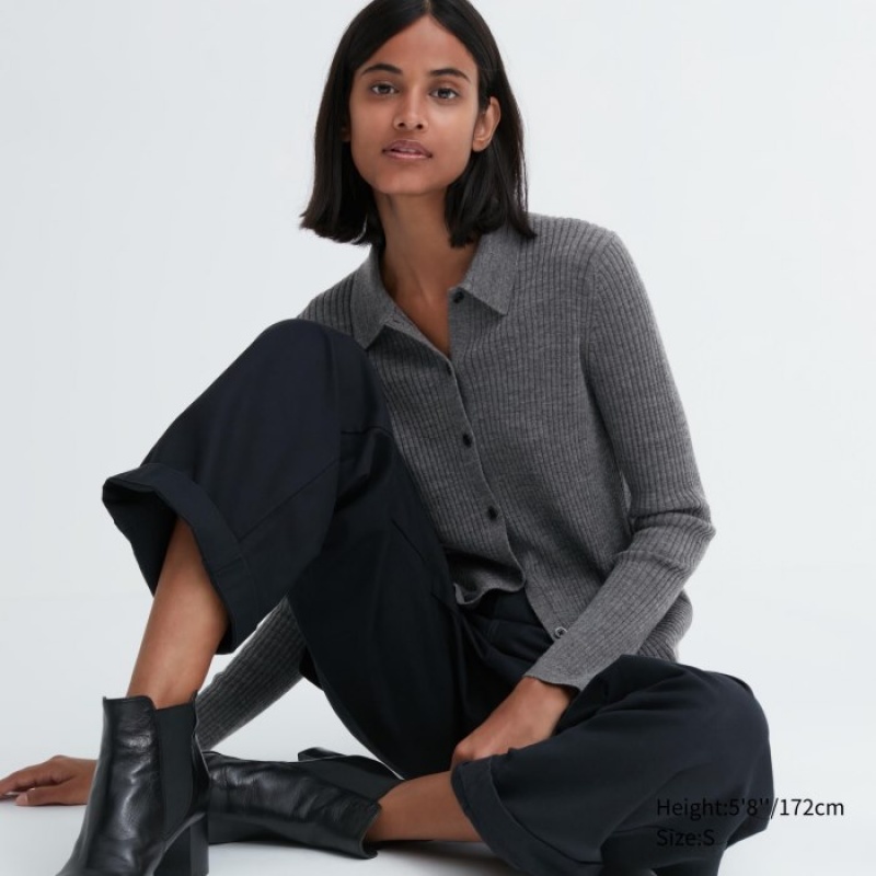 Grey Uniqlo Extra Fine Merino Ribbed Polo Women Cardigan | 538776