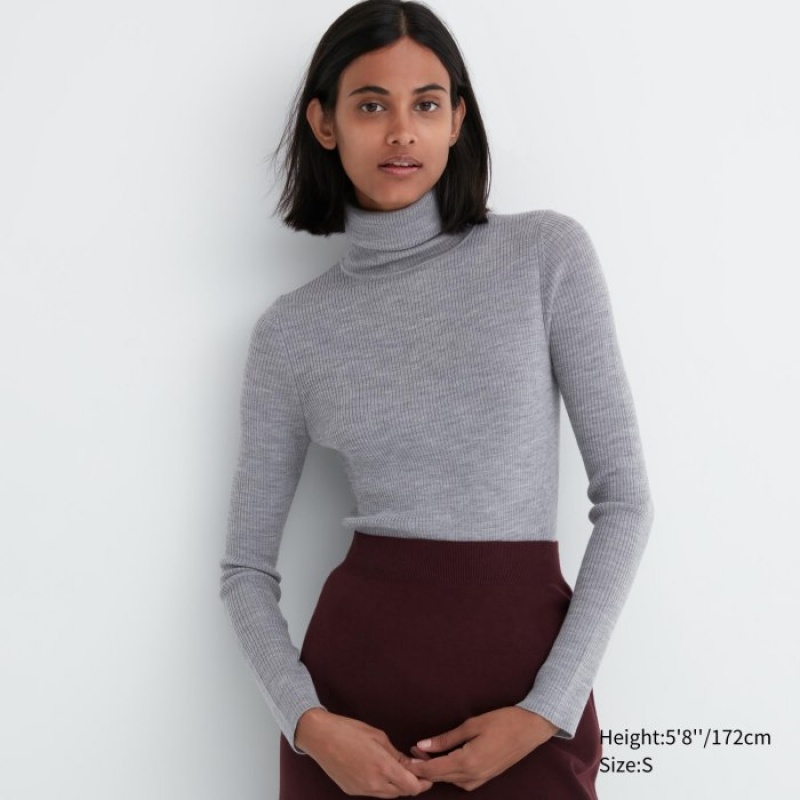 Grey Uniqlo Extra Fine Merino Ribbed Turtleneck Long-Sleeve Women Sweaters | 1169434