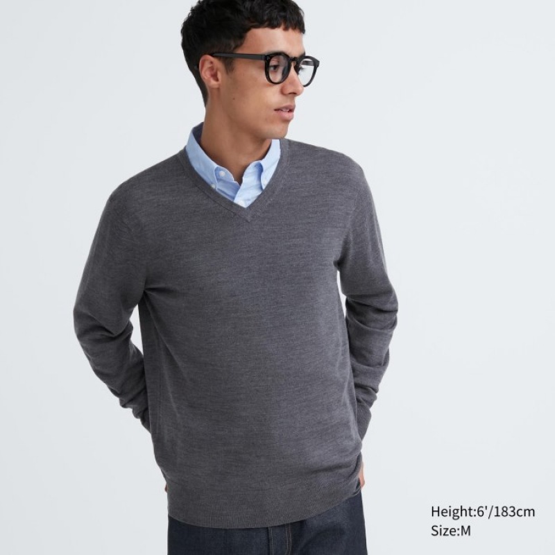 Grey Uniqlo Extra Fine Merino V-Neck Long-Sleeve Women Sweaters | 4464690