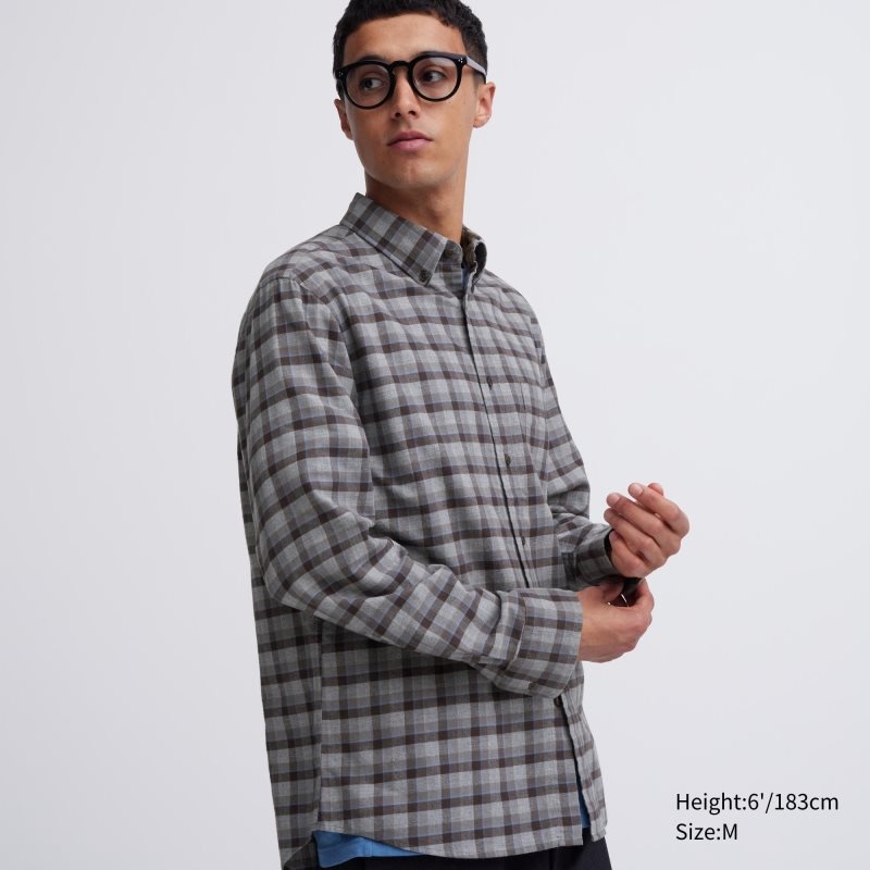 Grey Uniqlo Flannel Checked Long Sleeve Men Shirts | 1771247