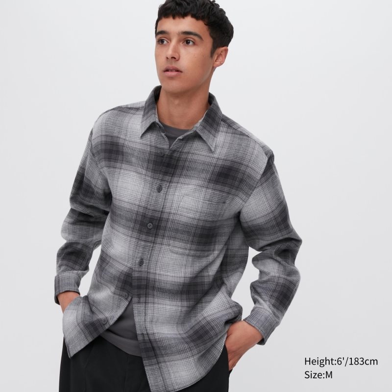 Grey Uniqlo Flannel Checked Long-sleeve Men Shirts | 2703043