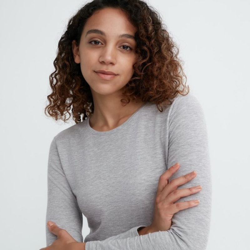 Grey Uniqlo HEATTECH Cotton Crew Neck Long-Sleeve Women T Shirts | 2722284