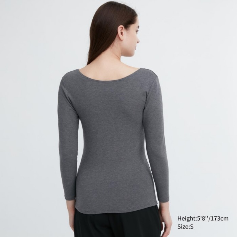 Grey Uniqlo HEATTECH Cotton Scoop Neck Long-Sleeve Women T Shirts | 560043