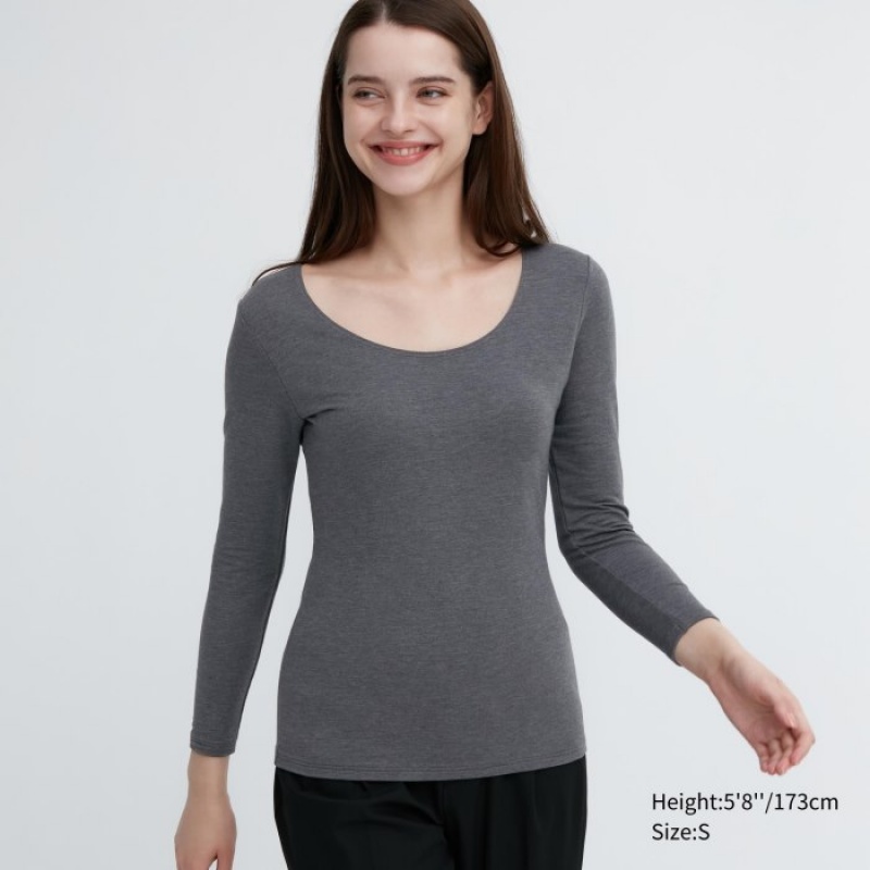 Grey Uniqlo HEATTECH Cotton Scoop Neck Long-Sleeve Women T Shirts | 560043