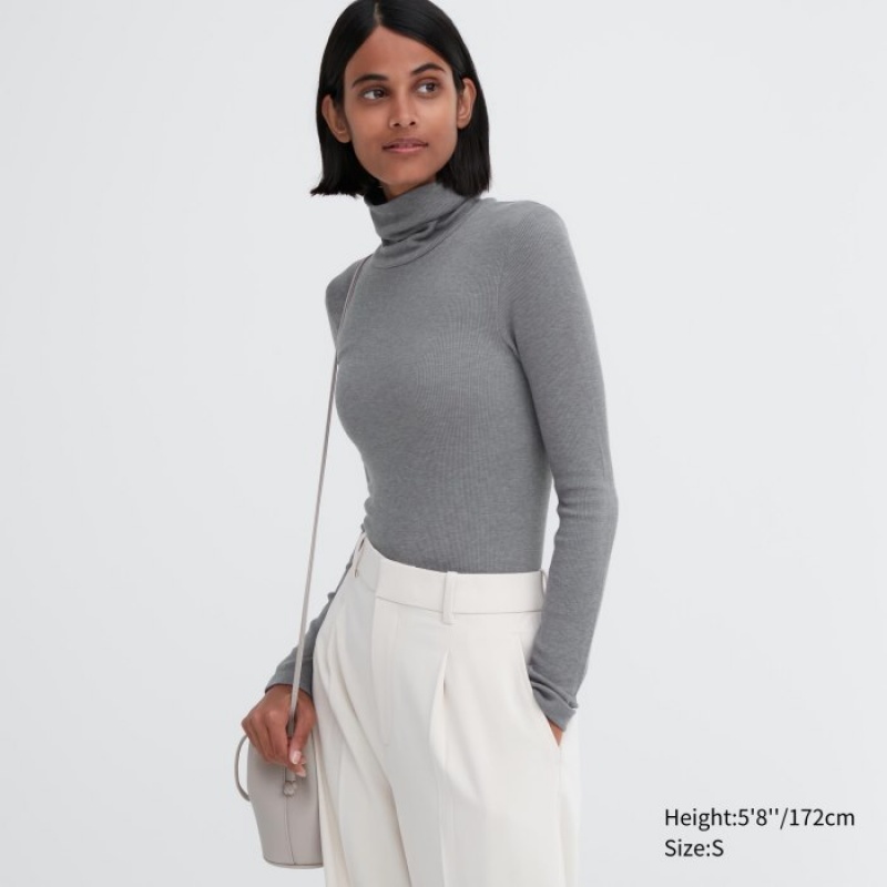Grey Uniqlo HEATTECH Extra Warm Seamless Ribbed Turtleneck Long-Sleeve Women T Shirts | 8221963