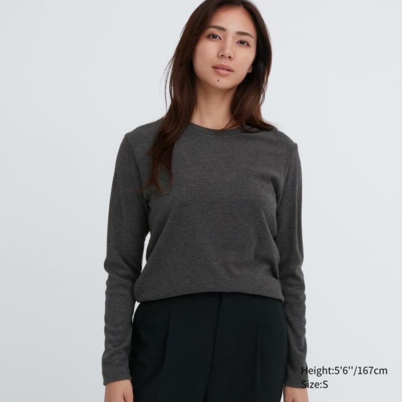 Grey Uniqlo HEATTECH Fleece Crew Neck Long-Sleeve Women T Shirts | 6190919