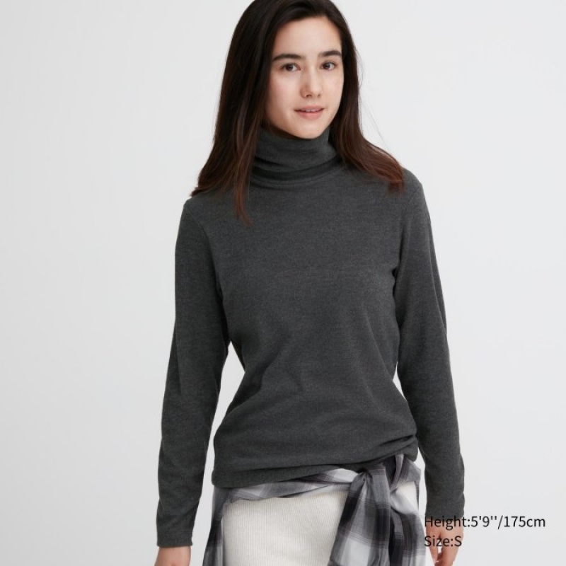 Grey Uniqlo HEATTECH Fleece Turtleneck Long-Sleeve Women T Shirts | 3654321