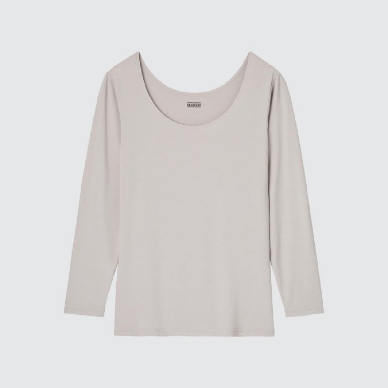 Grey Uniqlo HEATTECH Scoop Neck Long-Sleeve Women T Shirts | 6666247