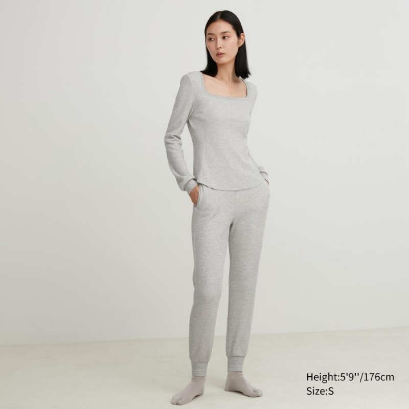 Grey Uniqlo HEATTECH Waffle Square Neck Long-Sleeve Women T Shirts | 7987615