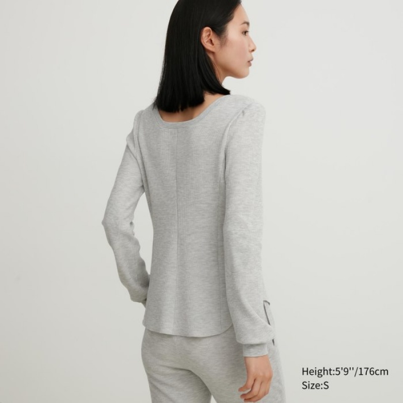 Grey Uniqlo HEATTECH Waffle Square Neck Long-Sleeve Women T Shirts | 7987615