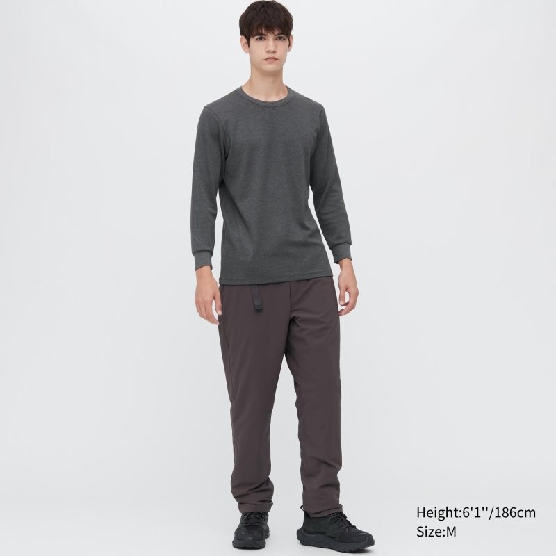 Grey Uniqlo Heattech Cotton Waffle Crew Neck Long-sleeve Extra Warm Men T Shirts | 7297973