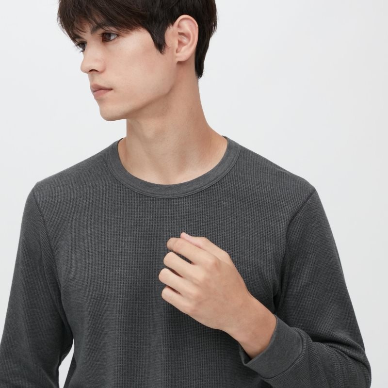 Grey Uniqlo Heattech Cotton Waffle Crew Neck Long-sleeve Extra Warm Men T Shirts | 7297973