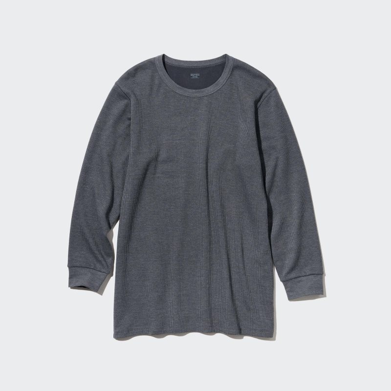 Grey Uniqlo Heattech Cotton Waffle Crew Neck Long-sleeve Extra Warm Men T Shirts | 7297973