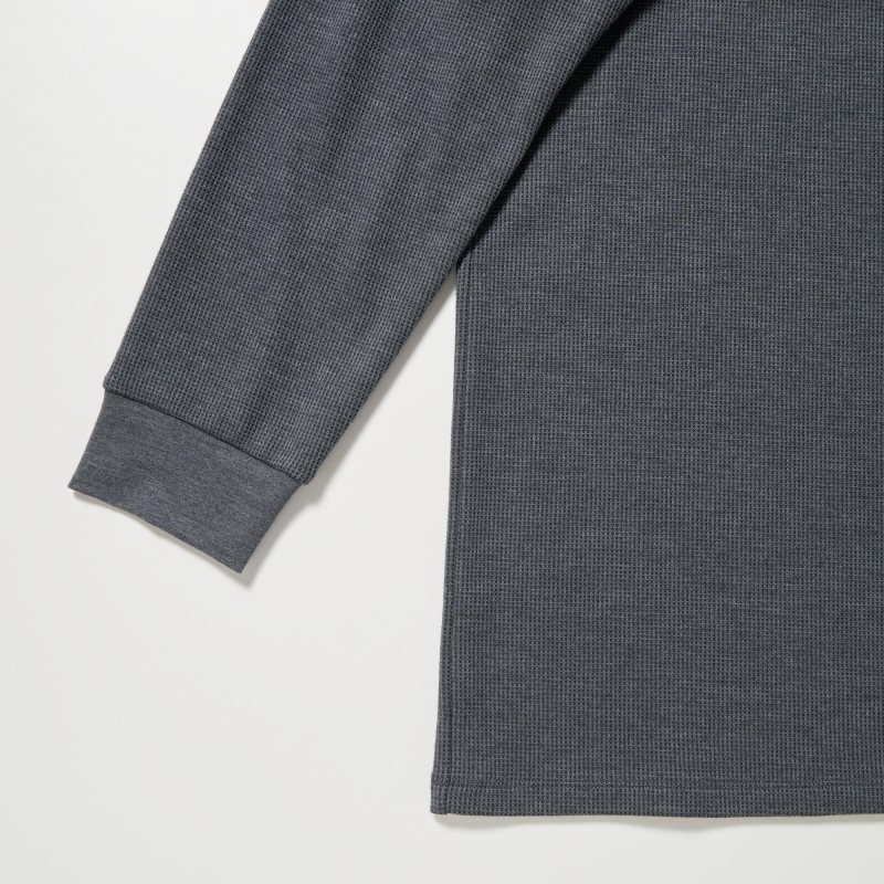 Grey Uniqlo Heattech Cotton Waffle Crew Neck Long-sleeve Extra Warm Men T Shirts | 7297973