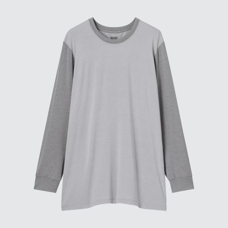 Grey Uniqlo Heattech Crew Neck Long Sleeve Men T Shirts | 8283739