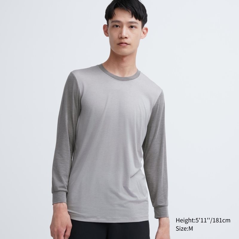 Grey Uniqlo Heattech Crew Neck Long Sleeve Men T Shirts | 8283739