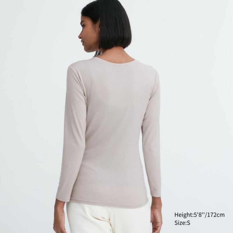 Grey Uniqlo Heattech Crew Neck Long-sleeve Women T Shirts | 2660646