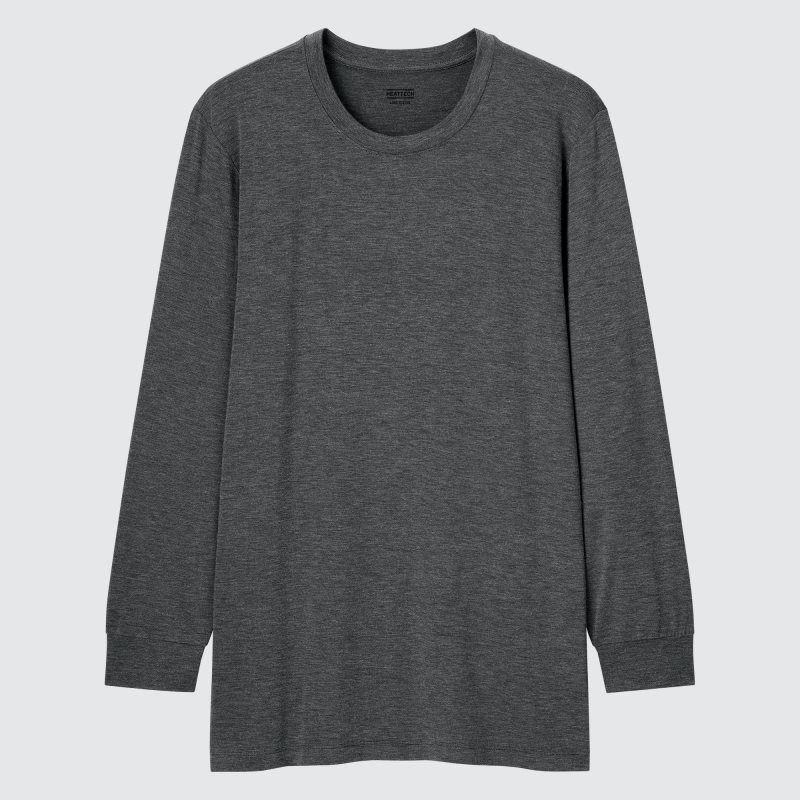 Grey Uniqlo Heattech Crew Neck Long-sleeve Men T Shirts | 7250486