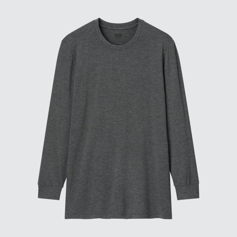 Grey Uniqlo Heattech Crew Neck Long-sleeve Men T Shirts | 5172388