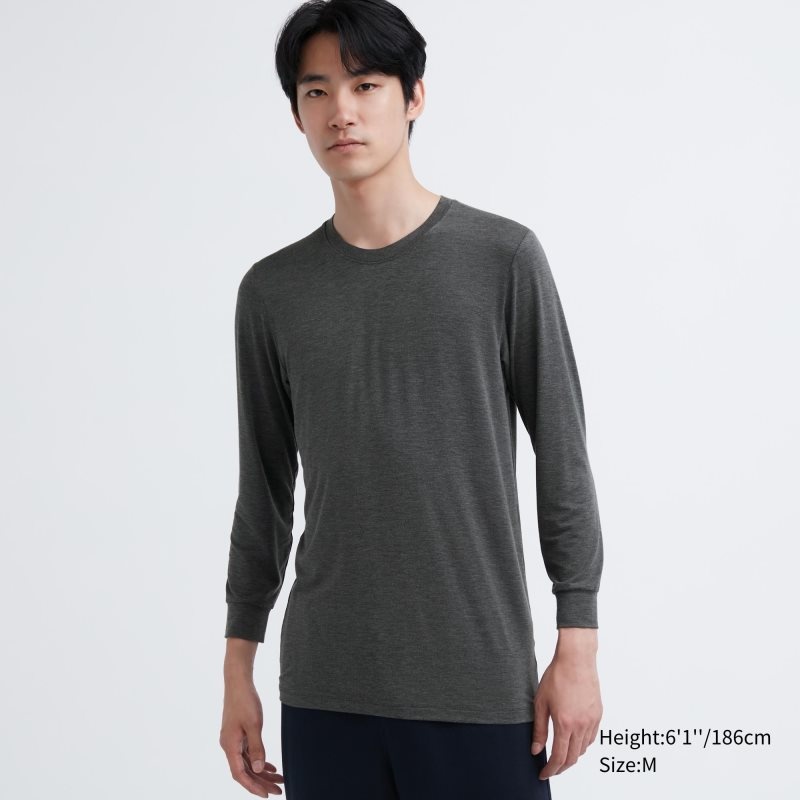 Grey Uniqlo Heattech Crew Neck Long-sleeve Men T Shirts | 5172388