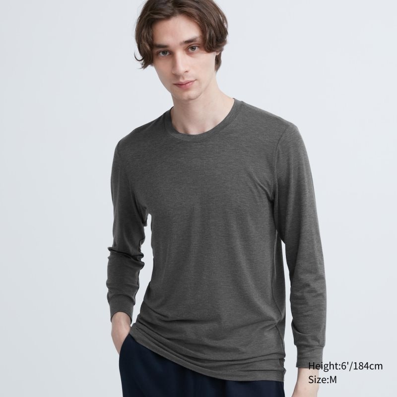 Grey Uniqlo Heattech Crew Neck Long-sleeve Men T Shirts | 4330252