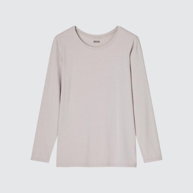 Grey Uniqlo Heattech Crew Neck Long-sleeve Women T Shirts | 7610411