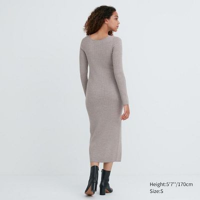 Grey Uniqlo Merino Blend Fitted U Neck Long Sleeve Women Dress | 6954364
