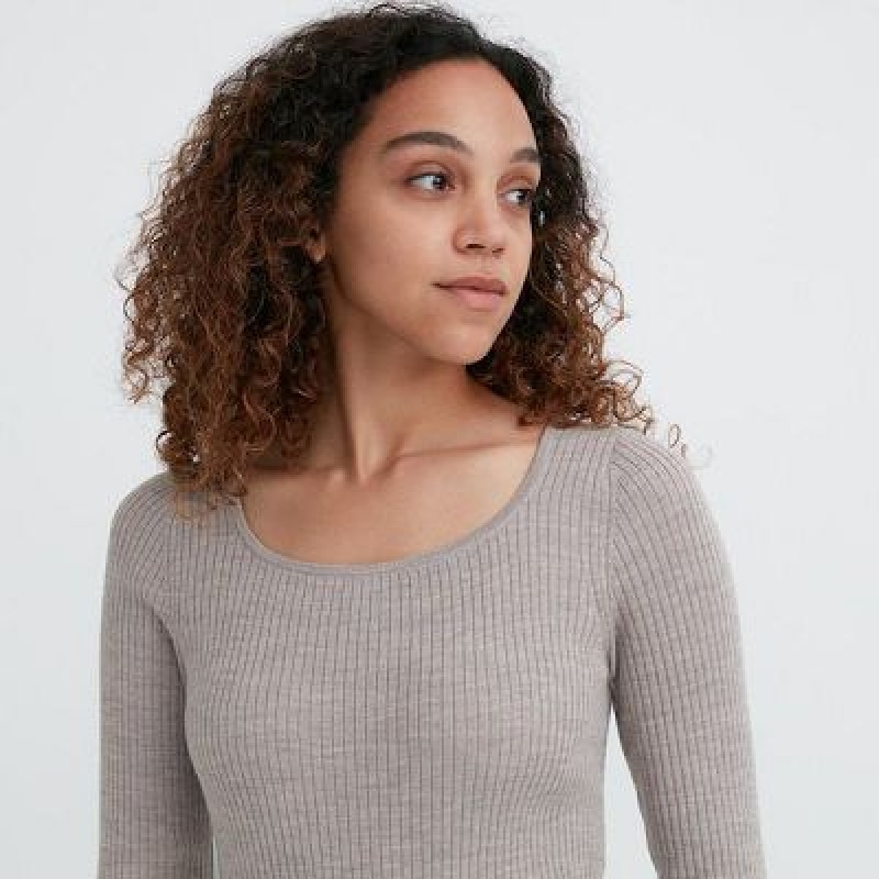 Grey Uniqlo Merino Blend Fitted U Neck Long Sleeve Women Dress | 6954364