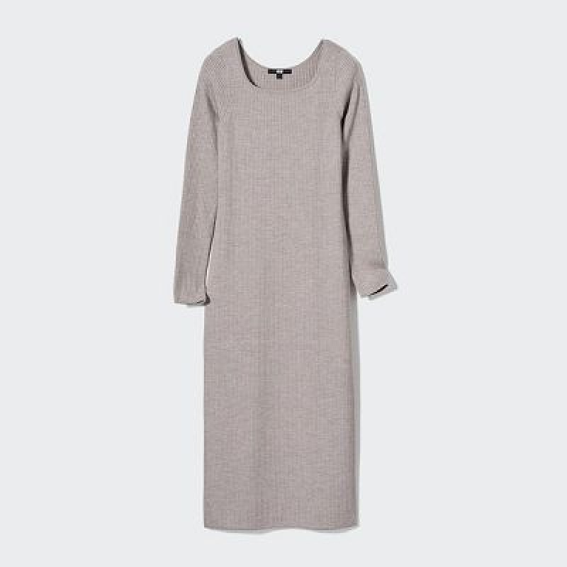 Grey Uniqlo Merino Blend Fitted U Neck Long Sleeve Women Dress | 6954364