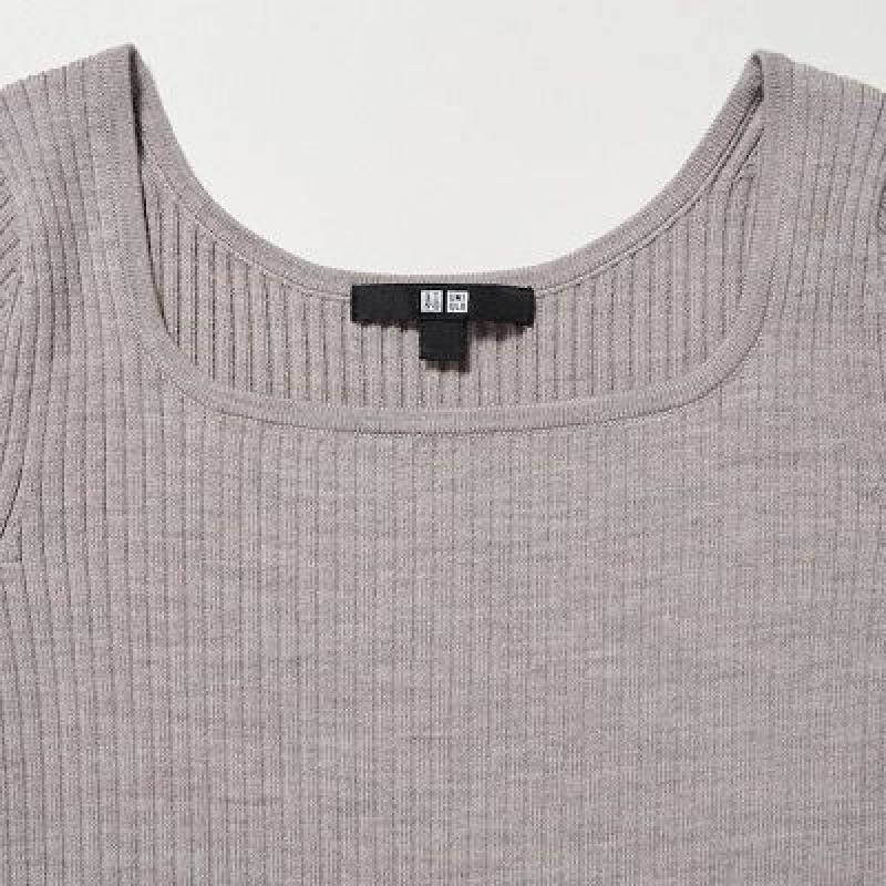 Grey Uniqlo Merino Blend Fitted U Neck Long Sleeve Women Dress | 6954364
