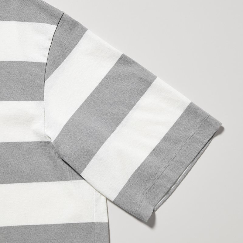 Grey Uniqlo Oversized Striped Half-sleeve Men T Shirts | 4453904