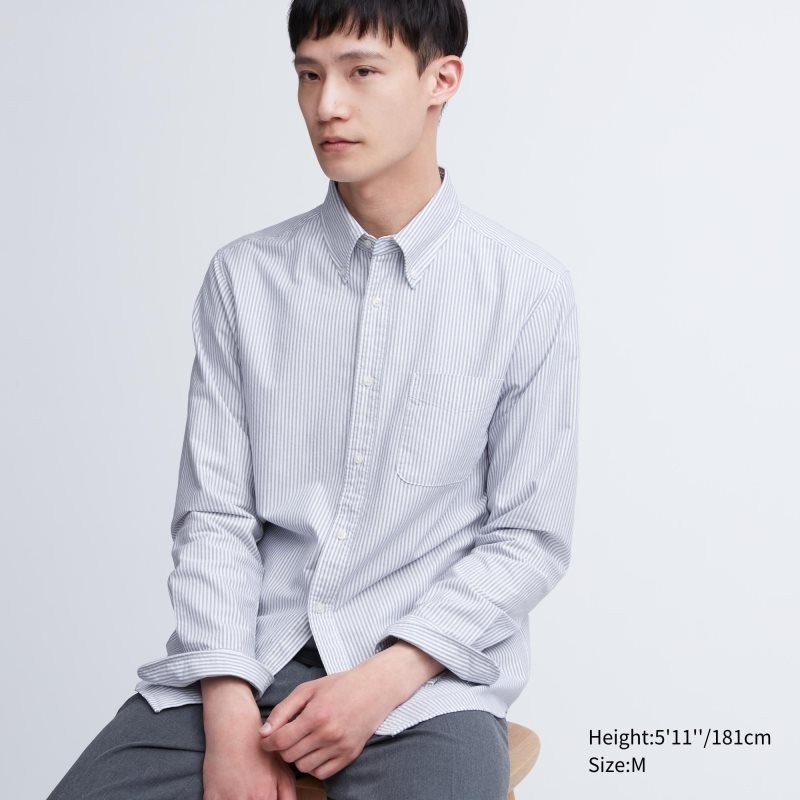 Grey Uniqlo Oxford Striped Slim Fit Long-sleeve Men Shirts | 2515419