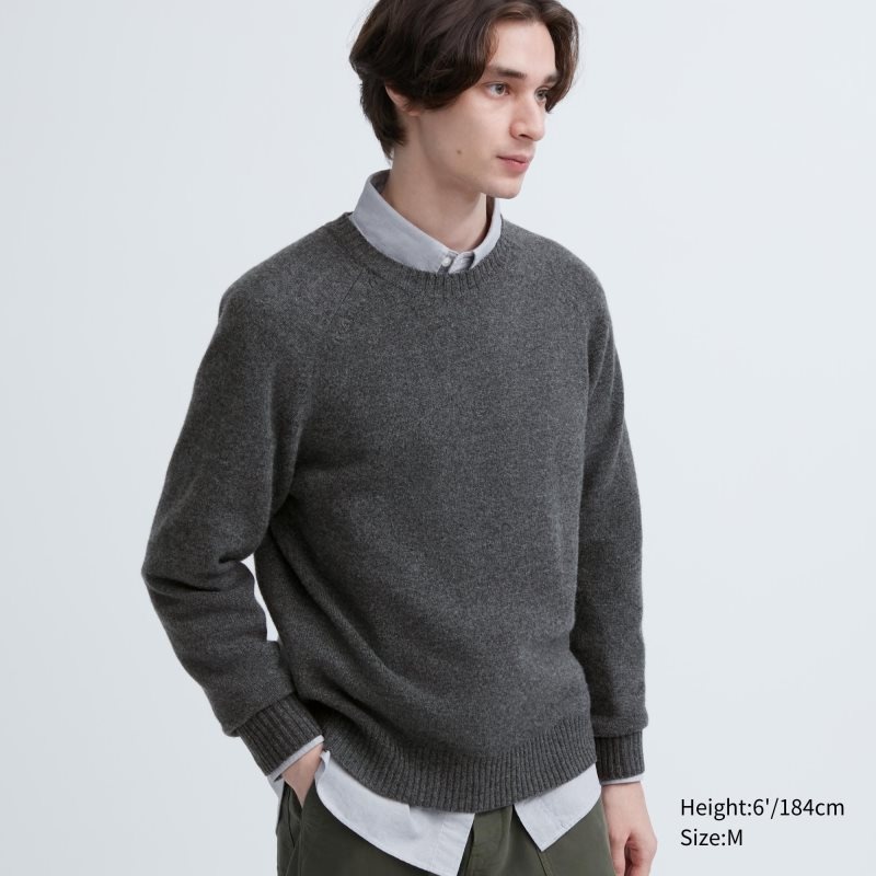 Grey Uniqlo Premium Lambswool Crew Neck Long Sleeve Men Sweaters | 8742869