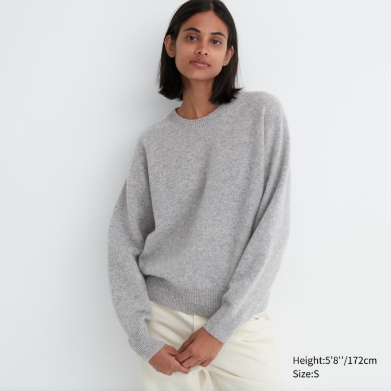 Grey Uniqlo Premium Lambswool Crew Neck Long-sleeve Women Sweaters | 5925496