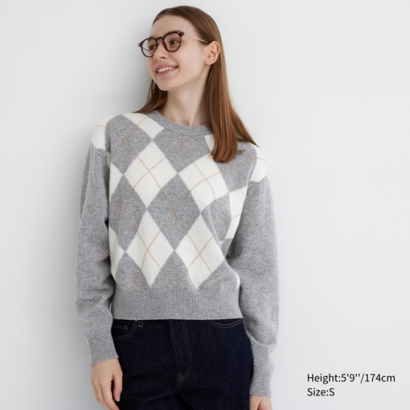 Grey Uniqlo Premium Lambswool Long-Sleeve Crew Neck Women Sweaters | 8258195