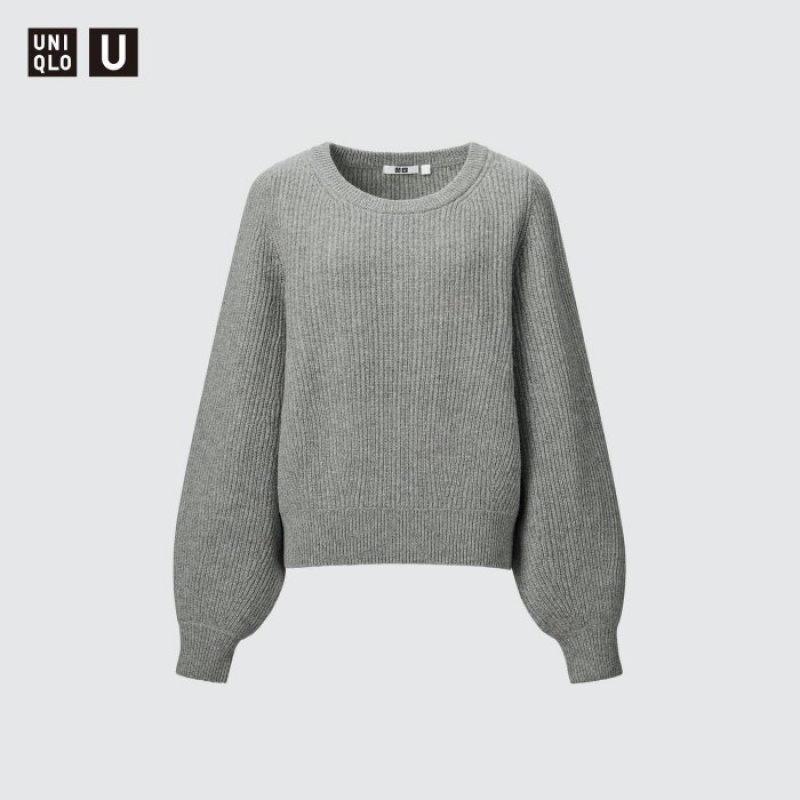 Grey Uniqlo Premium Lambswool Volume Long-Sleeve Women Sweaters | 4080257