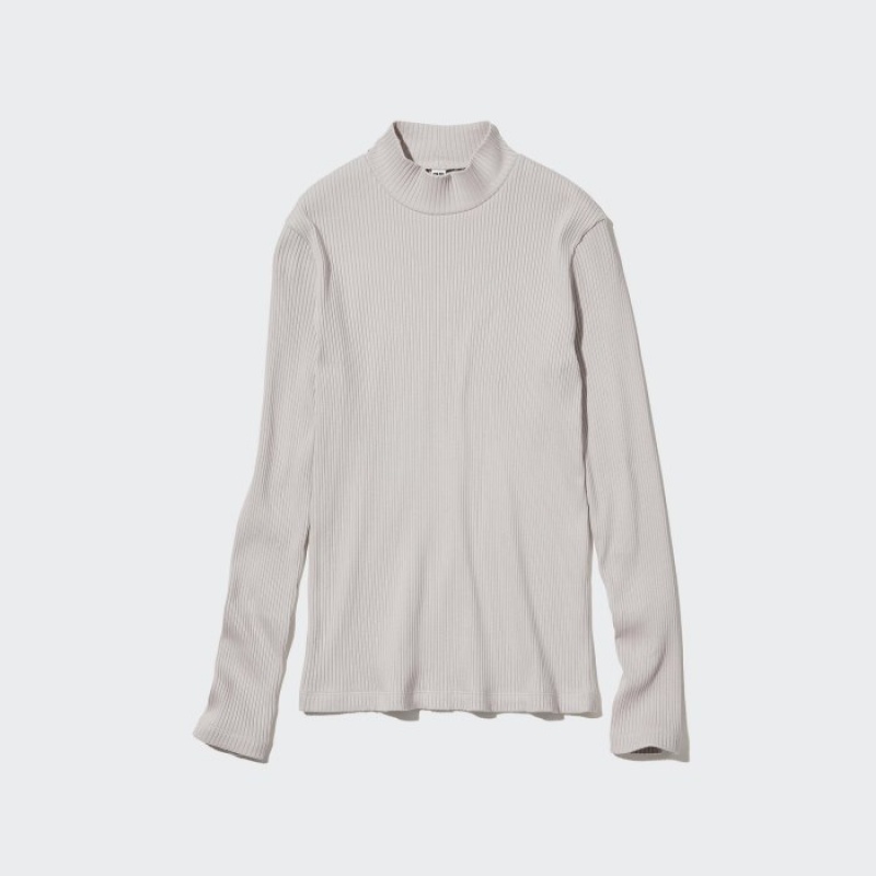 Grey Uniqlo Ribbed High Neck Long-Sleeve Women T Shirts | 6261956