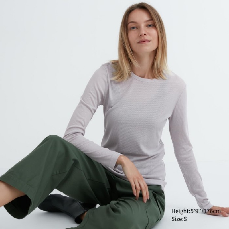 Grey Uniqlo Sheer Jersey Crew Neck Long-Sleeve Women T Shirts | 1098457