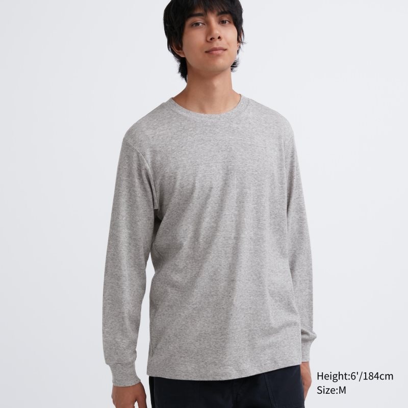 Grey Uniqlo Soft Brushed Crew Neck Long-sleeve Men T Shirts | 4574543