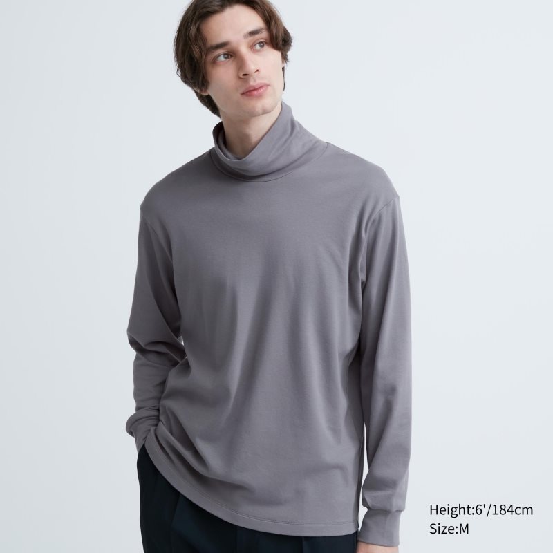 Grey Uniqlo Soft Brushed Turtleneck Long-sleeve Men T Shirts | 1767503