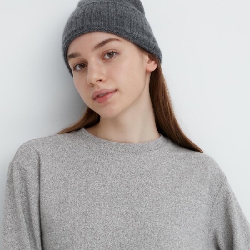 Grey Uniqlo Soft Knitted Fleece Crew Neck Long-Sleeve Women T Shirts | 367466