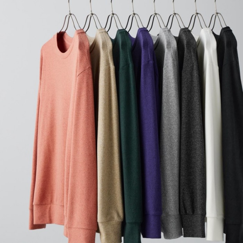 Grey Uniqlo Soft Knitted Fleece Crew Neck Long-Sleeve Women T Shirts | 367466