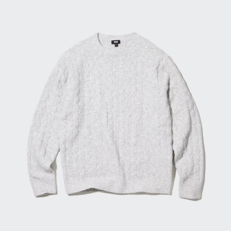 Grey Uniqlo Souffle Yarn Cable Crew Neck Long-Sleeve Women Sweaters | 9560351