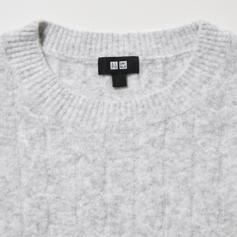 Grey Uniqlo Souffle Yarn Cable Crew Neck Long-Sleeve Women Sweaters | 9560351