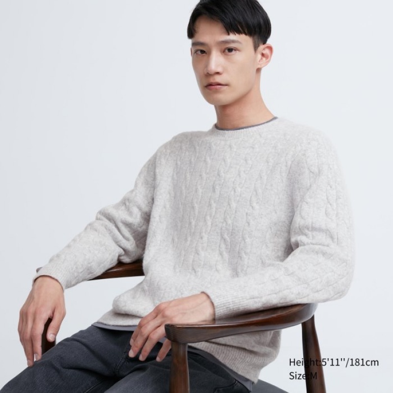Grey Uniqlo Souffle Yarn Cable Crew Neck Long-Sleeve Women Sweaters | 9560351