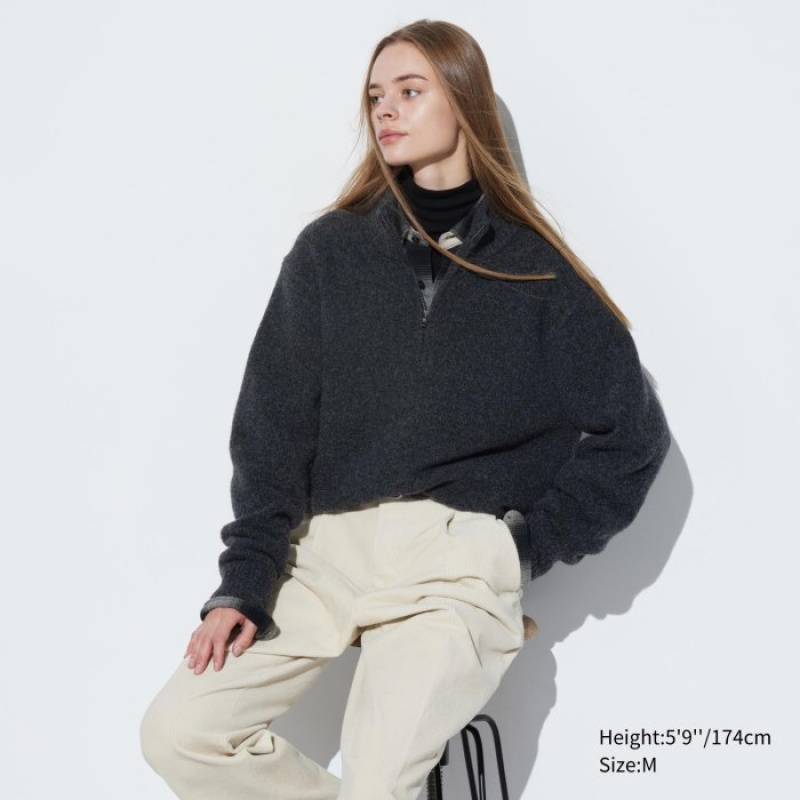 Grey Uniqlo Souffle Yarn Half-Zip Long-Sleeve Women Sweaters | 8887116