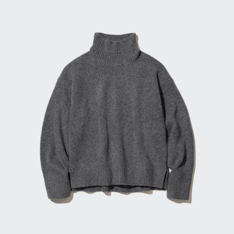 Grey Uniqlo Souffle Yarn High Neck Long-Sleeve Women Sweaters | 9224755